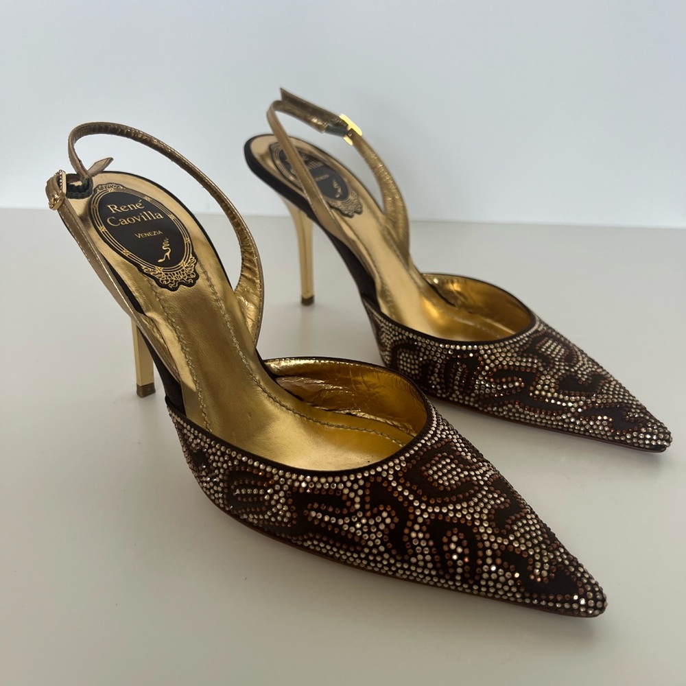 RARE Rene Caovilla Brown Leopard Beaded
Slingback Pumps Size 37.5
